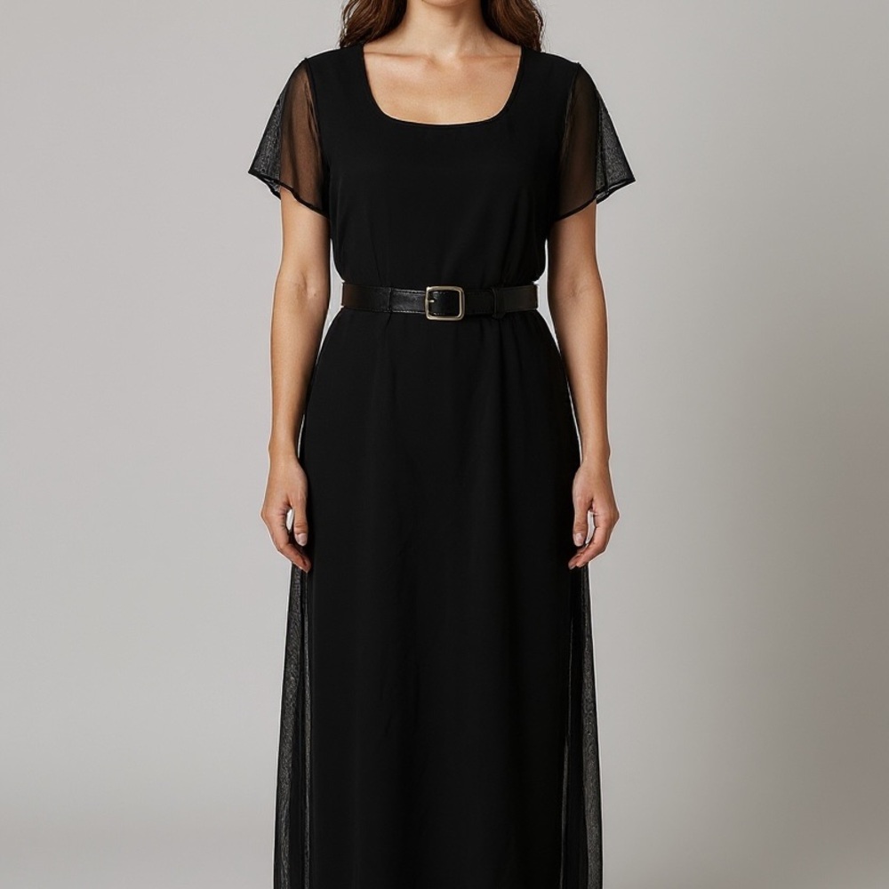 Vintage Virgo Elegant Black Sheer Sleeve Dress Overlay Fringe WhimsiGoth Maxi